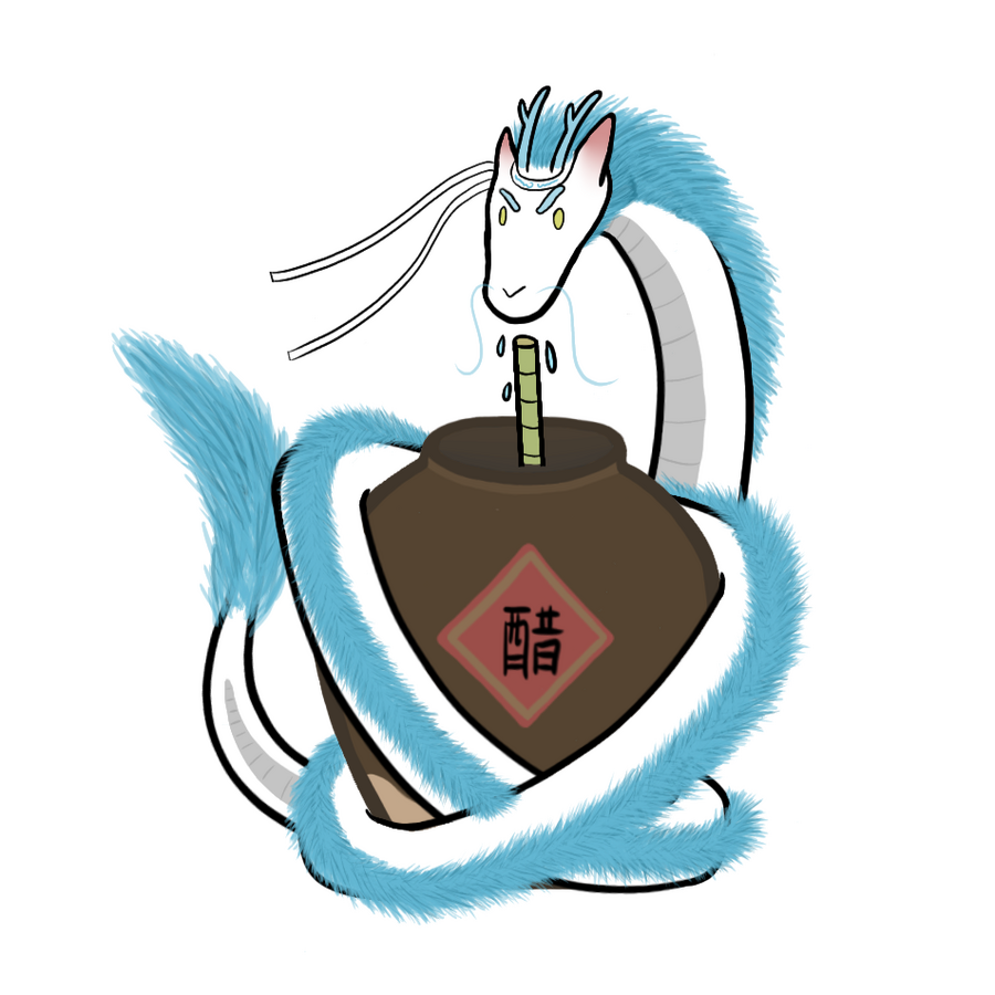 Lan Wangji as a white dragon with light blue mane and horns wrapped around a brown jug. The jug is labeled 醋 (vinegar) and is clearly being drunk